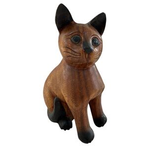 CAT Wooden Brown Black Folk Art Cat